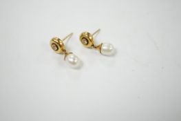 A modern pair of Boodles & Dunthorne 18ct gold, single stone cultured pearl and single stone diamond