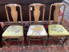 Three Queen Anne style walnut dining chairs, width 45cm, height 96cm. Condition - poor