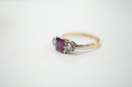 An 18ct & plat. ruby and diamond set three stone ring, size K, gross weight 2.3 grams. Condition -