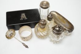 Four assorted silver mounted glass toilet jars, an Edwardian silver mounted glass mustard jar with