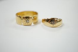 Two 18ct and single stone diamond chip set bands, largest size S, gross weight 7.7 grams.