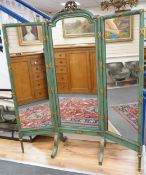 A Louis XVI style green painted and parcel gilt triple folding dressing mirror, width 160cm,