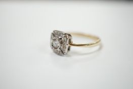A modern 1920's style 9ct gold and diamond set cluster ring, size P, gross weight 2.6 grams.