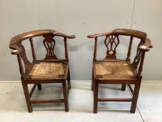Two George III corner elbow chairs, one oak, one mahogany, larger width 76cm, depth 64cm, height
