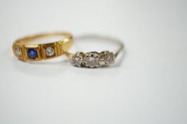 An Edwardian 18ct gold sapphire and diamond set three stone ring, size L, together with a white