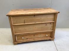 A 19th century Continental pine mule chest, width 112cm, depth 55cm, height 81cm. Condition - fair
