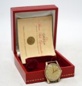 A gentleman's 9ct gold Omega manual wind wrist watch, no strap, case diameter 34mm, with Omega