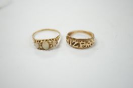 A 9ct gold 'Mizpah' ring and a yellow metal, three stone white opal set ring, with diamond chip