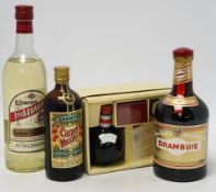 Twelve various bottles of wine, sherry and spirits and a miniature, including Drambuie, House of