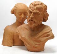 Two terracotta busts of an elderly gentleman and a woman, the former signed Ugo Corsi, 46cm high.