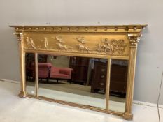A Regency carved giltwood and composition triple plate overmantel mirror, width 151cm, height