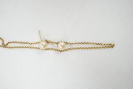 An 18ct gold fine link chain, 43cm, 3 grams and a pair of 18k and cultured pearl set ear studs.