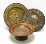 A group of electrotype copper and brass tazzas and dishes, largest 24cm diameter. Condition - fair