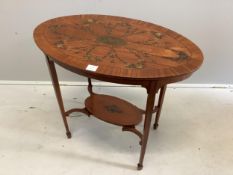 An Edwardian Sheraton Revival oval painted satinwood occasional table, width 81cm, depth 49cm,