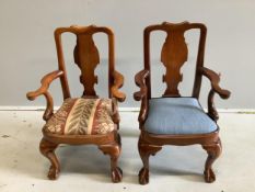 A pair of Queen Anne style miniature walnut elbow chairs, width 41cm, depth 30cm, height 65cm.