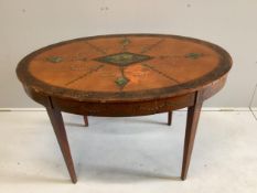An Edwardian Sheraton revival painted satinwood oval centre table, width 117cm, depth 80cm, height