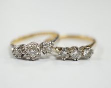 Two 18ct, plate and illusion set three stone diamond rings, sizes O & P, gross weight 6.3 grams.