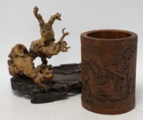 A 19th century Chinese bamboo brushpot and a rootwood and rosewood scholar's stand, root wood