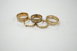Five assorted 9ct gold bands, including two pierced, various sizes, 17.9 grams. Condition - poor