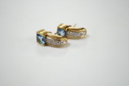 A modern pair of yellow metal and single stone fancy cut aquamarine and diamond chip cluster set