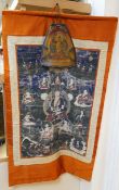 A Tibetan painted silk thangka and another painted on an ox bone, both 19th century. Condition -