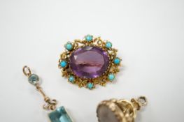 An early 20th century yellow metal, amethyst and turquoise set brooch, 25mm, a 9ct gold and white