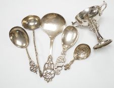 Five assorted early to mid 20th century Danish 830S spoons, largest 21.1cm, together with an