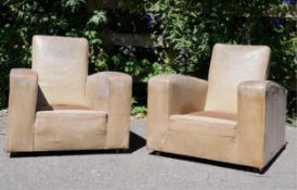 A pair of leather club armchairs, width 85cm, depth 88cm, height 84cm. Condition - poor