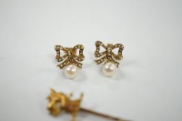 A pair of 9ct, single stone cultured pearl and seed pearl cluster set 'ribbon bow' drop ear studs,