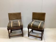 A pair of 18th century style oak back stools, width 53cm, depth 45cm, height 85cm. Condition - fair