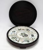 A circular wooden boxed Chinese decorated supper set, 32.5cm diameter. Condition - box marked, poor,