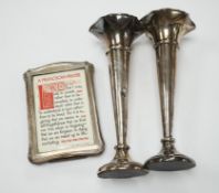A pair of 1940's silver trumpet vases, 19.7cm, weighted, and a George V silver mounted photograph