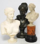 Two resin busts of Venus de Milo on plinth, together with a 20th century bronze bust, tallest 36cm