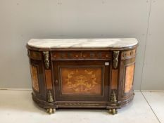 A Louis XV style inlaid marble topped side cabinet, width 144cm, depth 46cm, height 88cm.