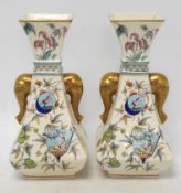 A pair of Christopher Dresser Old Hall crackleware Japanese inspired vases with gilt decorated