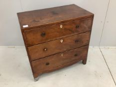 A small George III mahogany chest of three drawers, width 74cm, depth 42cm, height 73cm. Condition -