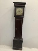 A mid 18th century thirty hour stained pine longcase clock by Jonathan Feron, Lewes, height 195cm.
