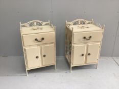 A pair of modern painted wrought iron bedside cabinets, width 48cm, depth 38cm, height 80cm.
