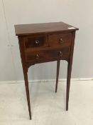 A small George III style inlaid mahogany three drawer occasional table, width 38cm, depth 28cm,