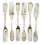 A set of six mid 19th century American silver fiddle and thread pattern table forks, by Bailey & Co,