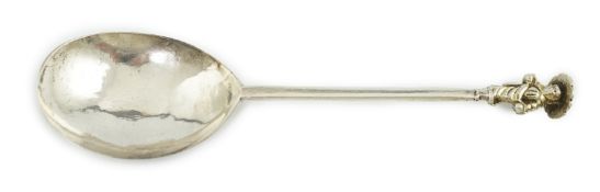 A Charles I West Country provincial parcel gilt silver apostle spoon, possibly Bristol, with two