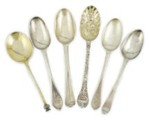 A George I provincial Brittania standard silver trefid spoon, later decorated as a berry spoon,
