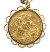 A George V gold sovereign, in a later 9ct gold pendant mount, on a 9ct chain, 47cm, gross weight