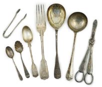 A George III silver serving spoon, London, 1767, together with a small quantity of assorted later