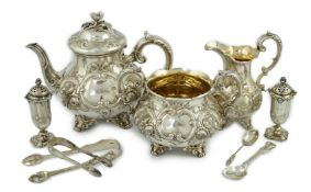 A Victorian silver pyriform three piece tea set and pair of muffineers, by Edward & John Barnard,