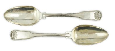 A pair of mid 19th century Chinese Export white metal fiddle, thread and shell pattern table spoons,