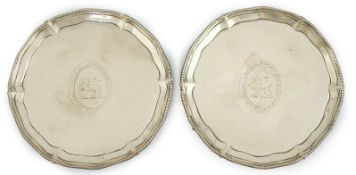 A pair of George III silver card trays, by Richard Rugg, with beaded borders and engraved