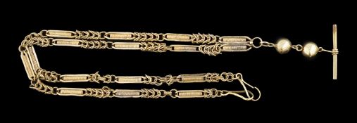 A 19th century continental gold albert, with baton coil and rope twist links, tests as 14k, 62cm,