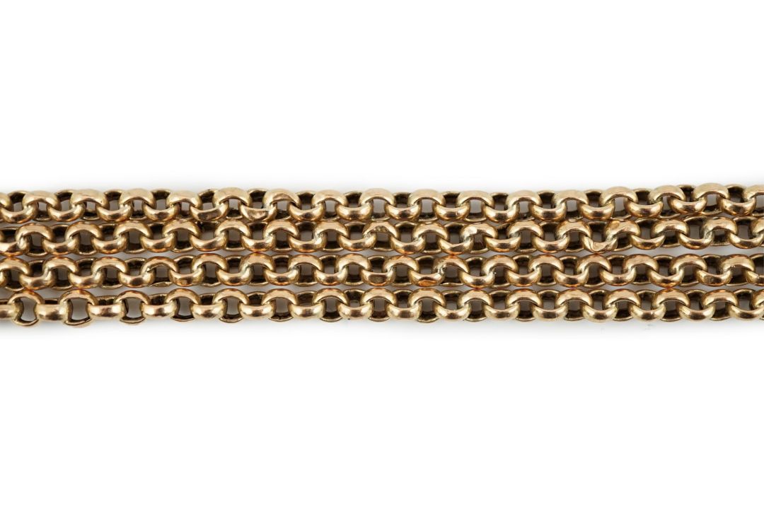A Victorian 9ct gold twin strand guard chain, 73cm, 20.9 grams.**conditionreport**Overall