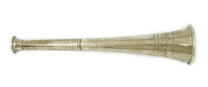 A George V silver hunting horn, with engraved inscription, indistinct maker's mark, London, 1915,